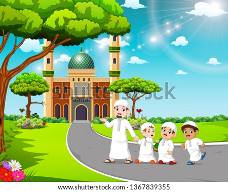 the children are walking to the mosque with their father