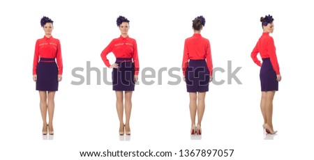 Pretty caucasian model in purple skirt isolated on white