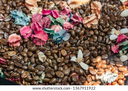 Coffee beans used to decorate the shop, table in the shop. selective focus.