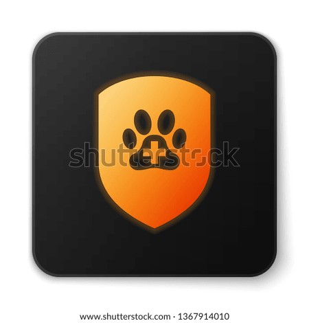 Orange glowing Animal health insurance icon isolated on white background. Pet protection icon. Dog or cat paw print. Black square button. Vector Illustration