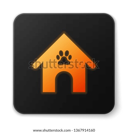Orange glowing Dog house and paw print pet icon isolated on white background. Dog kennel. Black square button. Vector Illustration