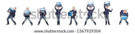 Funny man with luggage on white