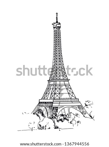 Eiffel Tower, Paris, France. Vector sketches hand drawn illustration background. Flyer, booklet advertising and design. Line art style.