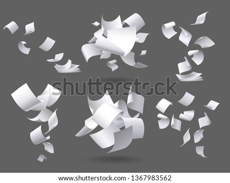 Falling paper sheets. Flying papers pages, white sheet documents and blank document page on wind. Fly scattered notes, empty chaotic paperwork. Isolated vector illustration signs set Royalty-Free Stock Photo #1367983562