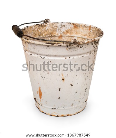 Used, time-worn, rusty bucket with wooden handle. Isolated on white background with natural shadow. With clipping path. Old rusty pail. With vector path. Studio shot.  Royalty-Free Stock Photo #1367987549