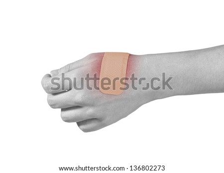 Adhesive Healing plaster on hand. Concept photo with Color Enhanced skin with read spot indicating location of the wound.