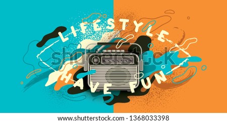 Abstract banner design with retro radio and typography. Vector illustration.