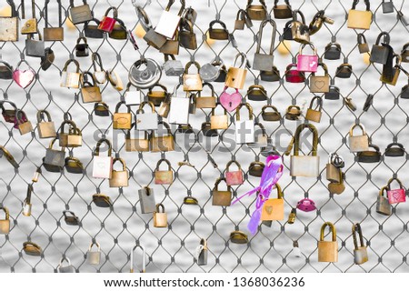 Metal grid fence with love locks on the sea background. Padlocks of love hangs on the Bridge which is symbol of eternal love bind together.