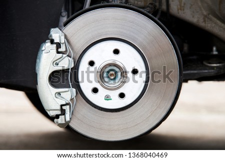 Car brake system. New brake caliper. New brake disk.
