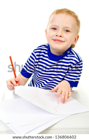 little boy draw picture isolated on a white background