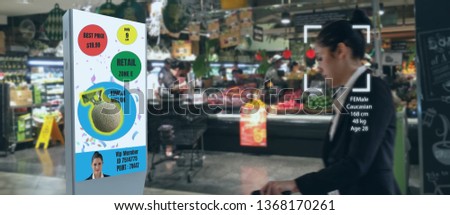iot machine learning with human , object recognition which use artificial intelligence to analytic concept, it invents to prediction the customer needed with augmented reality on the digital Signage
