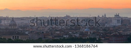 Rome rooftop view with ancient architecture in Italy before sunrise panorama