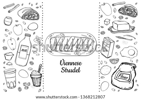 set of items for making Viennese traditional strudel hand drawing