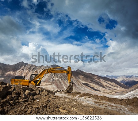 Road construction in mountains Himalayas. Ladakh, India Royalty-Free Stock Photo #136822526