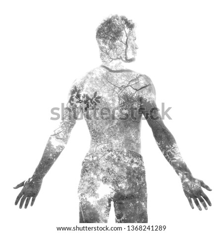 Double exposure
 of a young shirtless man