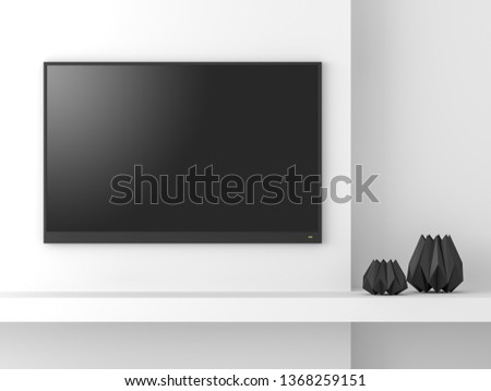 Minimal style empty tv screen mockup 3d render,Hanging on white wall,decorate with black dimond shape vases,there is a clipping path to the tv screen.