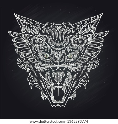 Wild beautiful wolf head hand draw in chalk on a black background. Fashion in a vector illustration