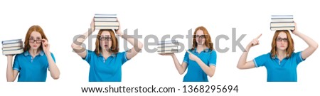 Female student with many books isolated on white 