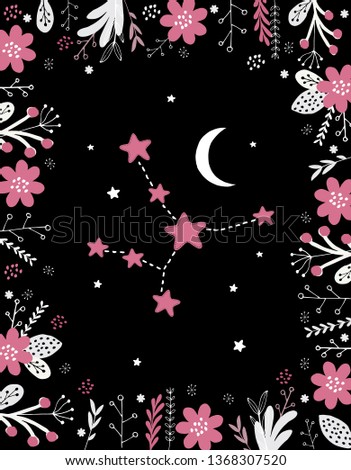 Virgo, Zodiac Vector Decoration. Cute Simple Pink Virgo Vector Sign. Cute Hand Drawn Zodiac Floral Vector Illustration. Abstract Blooming Floral Frame, White Moon and Stars on a Black Background. 