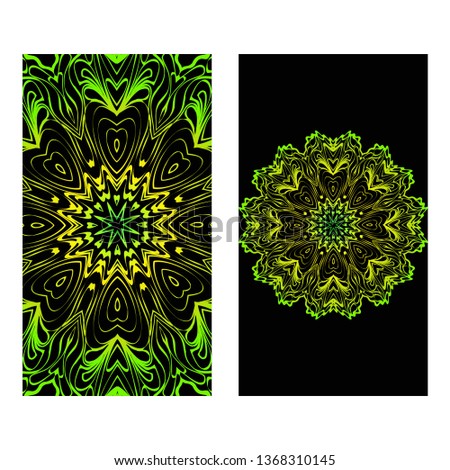 Invitation Or Card Template With Floral Mandala Pattern. Decorative Background For Wedding, Greeting Cards, Birthday Invitation. The Front And Rear Side. Black green color.