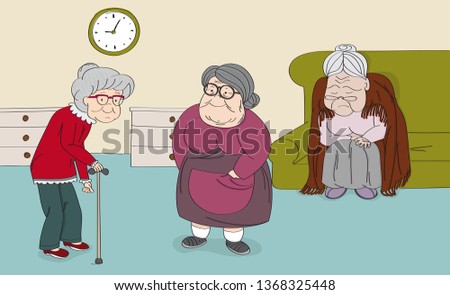 Three senior women, old ladies, cute grandmothers in the senior rest house. Original hand drawn illustration.