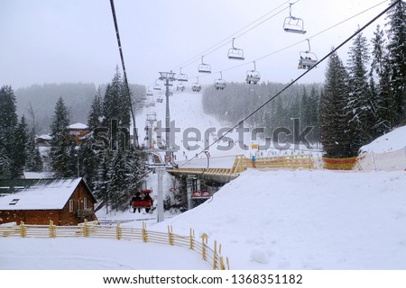 Cable car on a lift in amazing cedar forests in beautiful winter snow