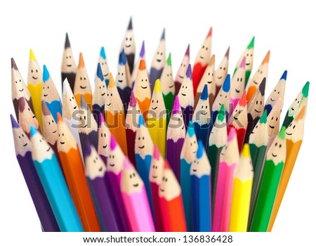 Colorful pencils as smiling faces people isolated. Social networking communication concept. Royalty-Free Stock Photo #136836428