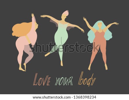Vector flat illustration. Body positivity concept. Happy girls in leggings . Objects set.