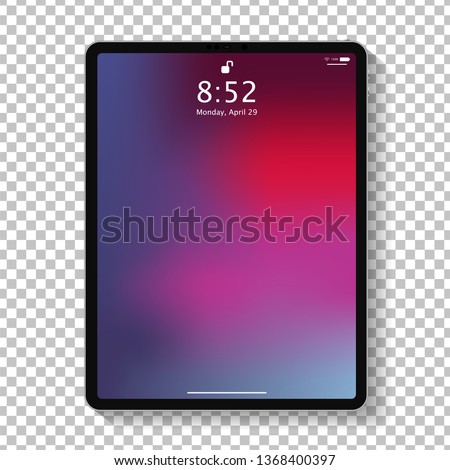 Realistic tablet computer lock screen with abstract colored geometric wallpaper. Big and small modern tablet PC design isolated on transparent background. Vector Illustration Royalty-Free Stock Photo #1368400397