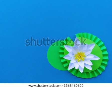 Waterlily flower made of paper. Blue background. Origami hobby. Gentle petal. Marsh with frogs tradition.