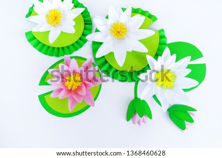 Waterlily flower made of paper. white background. Origami hobby. Gentle petal. Marsh with frogs tradition.