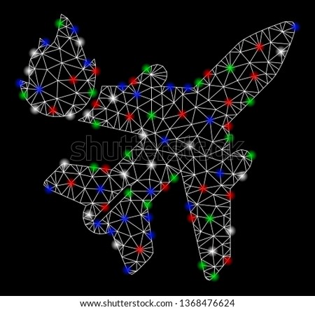 Bright mesh airliner fire with lightspot effect. White wire carcass triangular mesh in vector format on a black background. Abstract 2d mesh designed with triangular lines, spheric points,