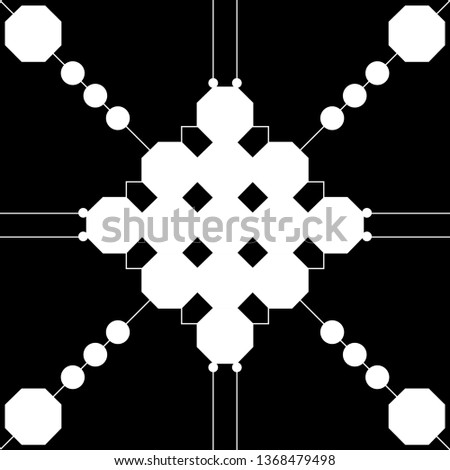 Graphic symmetrical seamless black and white pattern with octagonals, cirkels and lines. Vector, eps 10