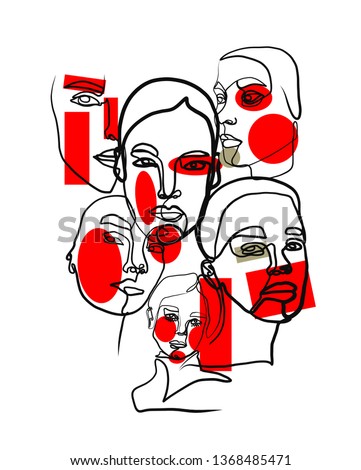 Portrait a woman in abstract one line style with black, red and white colorful elements. Hand drawn vector illustration for your contemporary creative trendy fashion design, poster, card.  Royalty-Free Stock Photo #1368485471