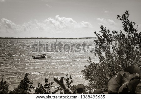 Artsy black and white view of a small boat anchored in a Florida river with a bridge and pier in the background.