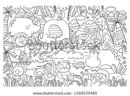 Big coloring Christmas page with African animals, tiger, elephant, koala, crocodile, lion, flamingo Royalty-Free Stock Photo #1368539480