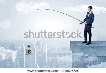 Businessman fishing sack of currency from the cityscape concept