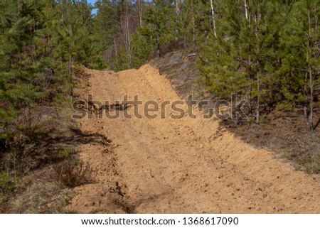 The forest protection strip passes through the pine forest and is designed to stop the fire in case of fire. Fire-fighting ploughing, mineralized strip - forest fire protection.