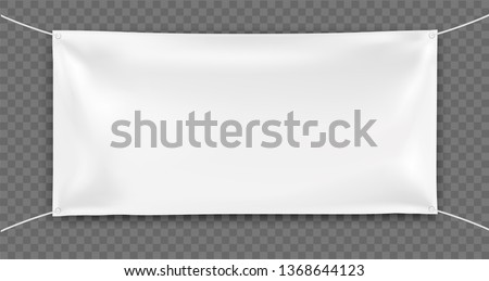 3d realistic Empty rectangular Horizontal Banner with 4 holes and ropes. Vector template on  transparent background for Your Design and Advertising. Awning, Textiles, PVC, Vinyl, Nylon, Banner ect.  Royalty-Free Stock Photo #1368644123