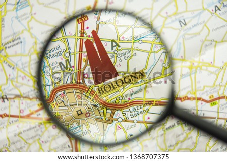 Bologna region map  in Italy concept view visualisation through magnifying glass