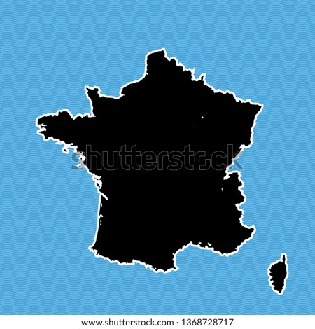 France map as island. Black map separated on blue wave water background.