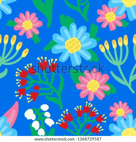 Floral pattern with daisies, lilies of the valley, daisies on a blue background. For textile, background, fabric, wrapping paper, Wallpaper.