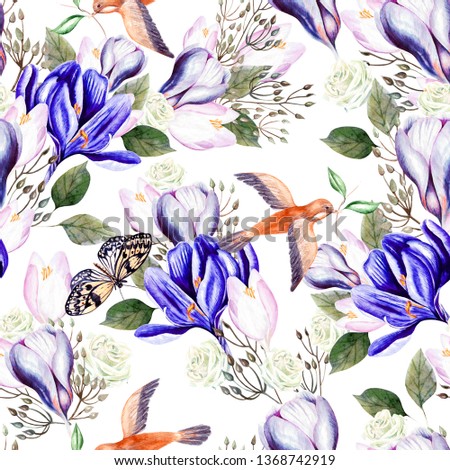 Beautiful watercolor seamless wedding pattern with eucaluptys, crocus and butterfly. Illustration