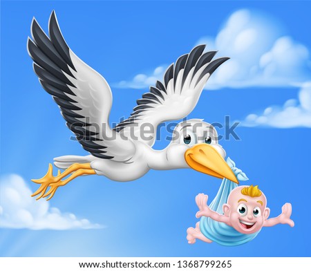 A stork or crane cartoon bird flying through the sky carrying a new born baby as in the pregnancy myth.