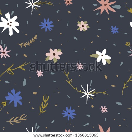 Beauty floral pattern vector image, clip art. Adorable wildflowers on dark background. Hand draw texture, template
