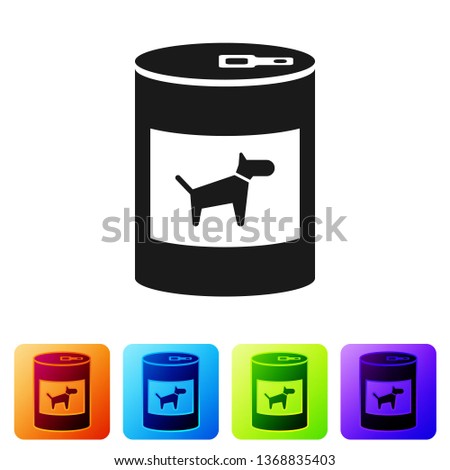 Black Canned food for dog icon isolated on white background. Food for animals. Pet dog food can. Set icon in color square buttons. Vector Illustration