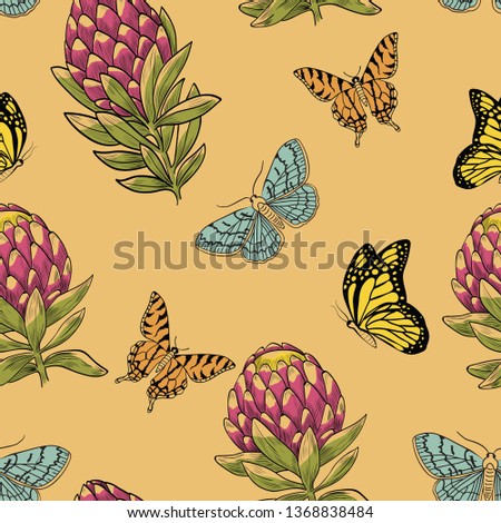 leucadendrona sunny botanical seamless vector pattern. Concept for wallpaper, textile, print, paper design