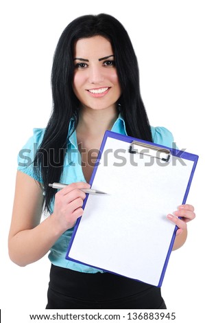 Isolated woman showing blank clipboard