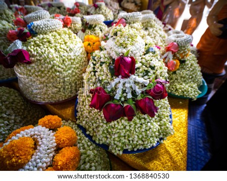 Garlands Placed on Tens of Thousands of Jasmine Flowers in Trays for Worship Bhddha
