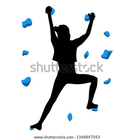 Woman climbs on a climbing wall in a climbing gym isolated on a white background. Vector illustration.